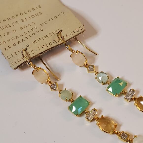 Anthropologie Earrings Stone Drop 2" Earrings Mint and Green ivory Gold tone NEW - Picture 2 of 12